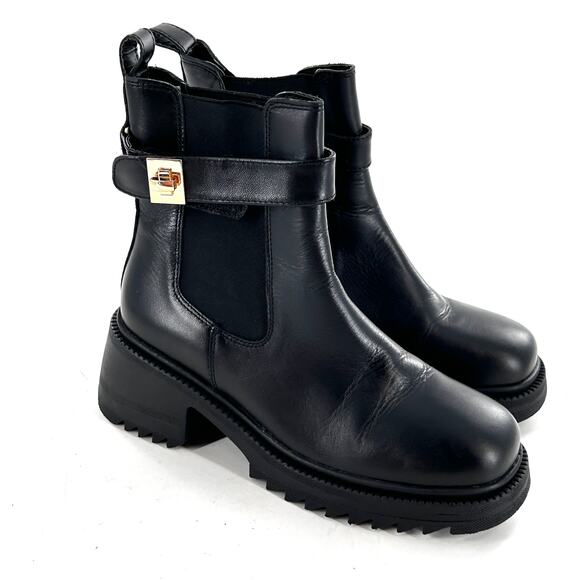 Steve Madden Gates Boots 8.5 Black NWOT Leather Buckle Chelsea Booties Lug - Picture 5 of 10